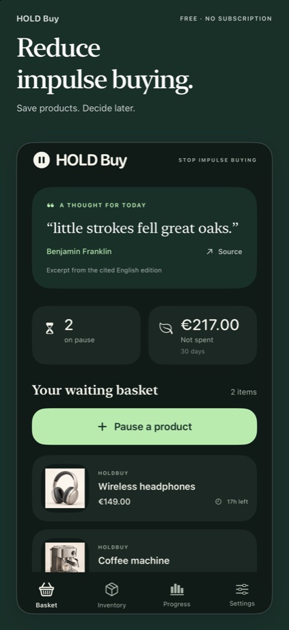 HoldBuy waiting cart with saved headphones and the total for skipped purchases
