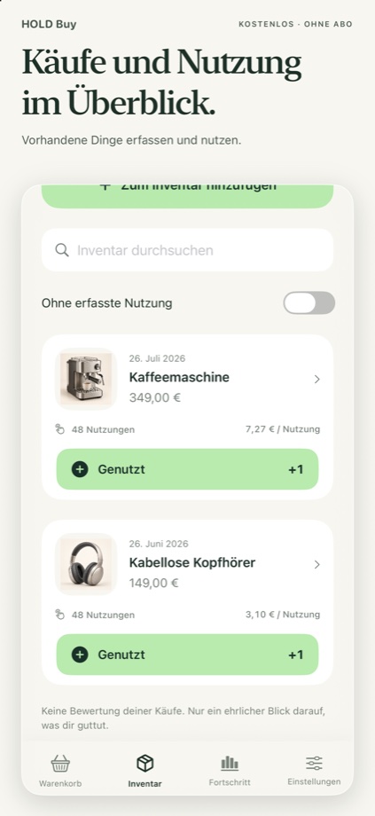 HoldBuy-Inventar mit Beispielprodukten und Nutzungserfassung