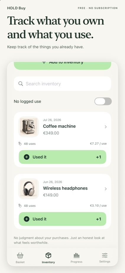 HoldBuy inventory showing example products and usage tracking